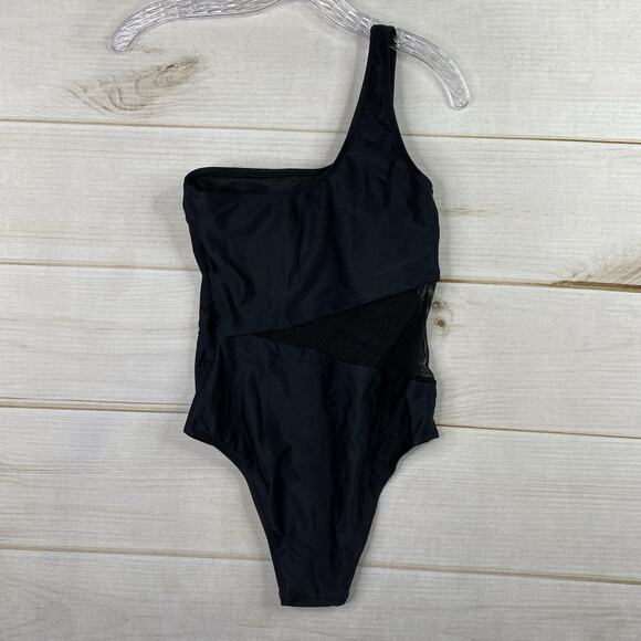 CUPSHE One Piece Swimsuit Sz S Black One Shoulder Mesh Panel Slimming NWT - Picture 5 of 5